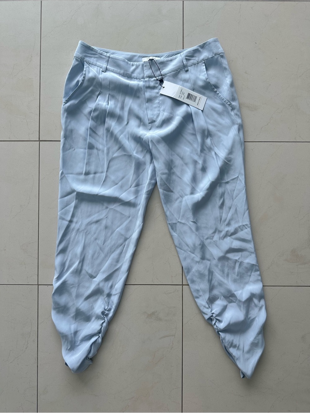 NWT Parker Light Blue 100% Silk Trousers with Ruched Ankles